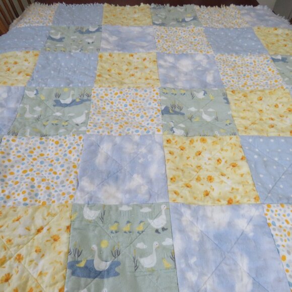 Flannel Rag Quilt With Batting 42 x 42 Blue and Yellow With Ducks - Picture 3 of 12